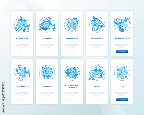 Complementary medicine onboarding mobile app page screen with concepts set. Alternative therapy types walkthrough five steps graphic instructions. UI vector template with RGB color illustrations