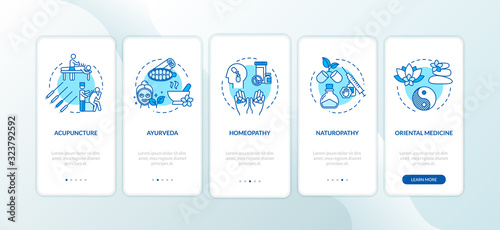Traditional alternative medicine onboarding mobile app page screen with concepts. Homeopathy, ayurveda walkthrough five steps graphic instructions. UI vector template with RGB color illustrations