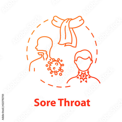 Sore throat concept icon. Unhealthy glands. Respiratory illness. Contagious disease. Allergy symptom. Flu infection idea thin line illustration. Vector isolated outline RGB color drawing