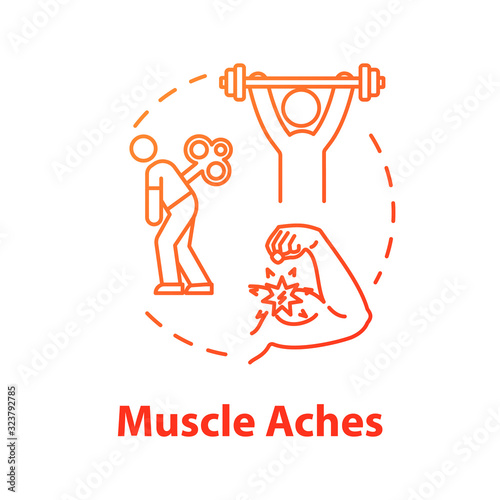 Muscle aches concept icon. Injury and physical strain. Arm inflammation. Hurt from overwork. Joint pain. Influenza symptom idea thin line illustration. Vector isolated outline RGB color drawing