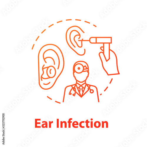 Ear infection concept icon. Inspection for disease. Diagnosis for otitis. Doctor examining patient. Otolaryngology idea thin line illustration. Vector isolated outline RGB color drawing