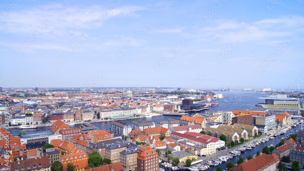 COPENHAGEN, DENMARK - JUL 06th, 2015: Skyline of Copenhagen from Vor Frelsers Kirke Church of Our Saviour