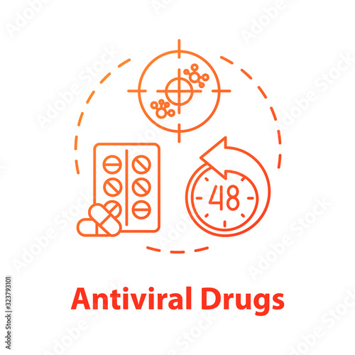 Antiviral drug concept icon. Pill for disease. Antibiotic for illness. Tablets for disease. Medication for flu. Influenza idea thin line illustration. Vector isolated outline RGB color drawing