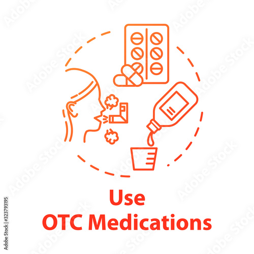 Use OTC medication concept icon. HEalthcare for disease. Cough syrup. Flu medication. Influenza treatment. Healthcare idea thin line illustration. Vector isolated outline RGB color drawing