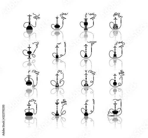 Hookah with odor drop shadow black glyph icons set. Incense puff from water pipe. Tobacco, marijuana. Sheesha bar. Smoke area. Arabic bar. Isolated vector illustrations on white space