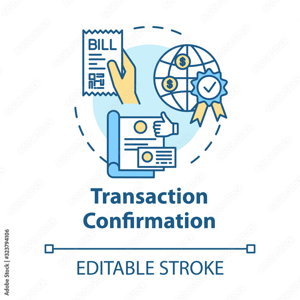 Transaction confirmation concept icon. Financial document. Bill checkout. Approved papers. Notary service idea thin line illustration. Vector isolated outline RGB color drawing. Editable stroke Transaction confirmation concept icon. Financial document. Bill checkout. Approved papers. Notary service idea thin line illustration. Vector isolated outline RGB color drawing. Editable stroke