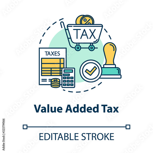 Value added tax concept icon. Consumption cost. Economy, finance. Regressive tax. Notary service idea thin line illustration. Vector isolated outline RGB color drawing. Editable stroke