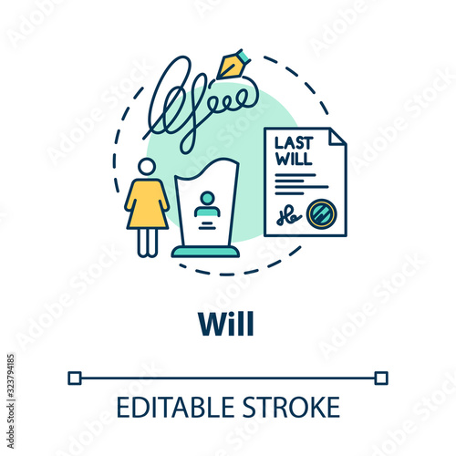 Will concept icon. Testament of deceased person. Legacy for widow. Beneficiary, trustee. Notary service idea thin line illustration. Vector isolated outline RGB color drawing. Editable stroke