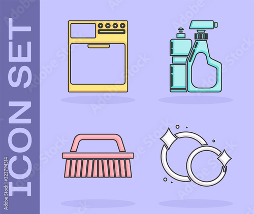 Set Washing dishes , Washer , Brush for cleaning and Plastic bottles for liquid dishwashing liquid icon. Vector
