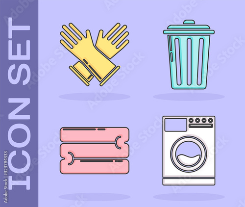 Set Washer , Rubber gloves , Towel stack and Trash can icon. Vector