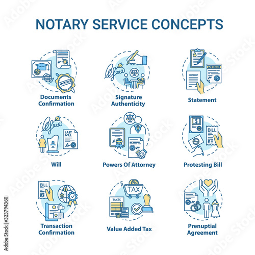 Notary services concept icons set. Legislation and public regulation. Certificate, guarantee. Common law idea thin line RGB color illustrations. Vector isolated outline drawings. Editable stroke