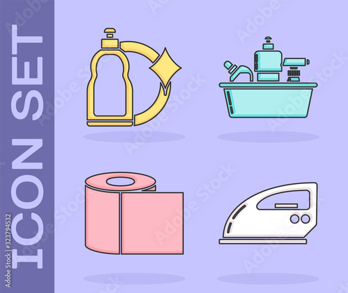 Set Electric iron , Plastic bottles for liquid dishwashing liquid, Toilet paper roll and Plastic bottles for liquid dishwashing liquid icon. Vector