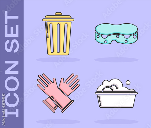 Set Plastic basin with soap suds , Trash can , Rubber gloves and Sponge icon. Vector