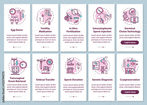 Reproductive technology onboarding mobile app page screen with concepts. Alternative pregnancy walkthrough 5 steps graphic instructions. UI vector template with RGB color illustrations