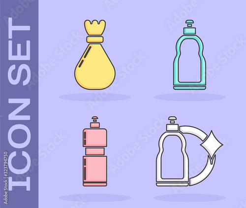 Set Garbage bag , Plastic bottles for liquid dishwashing liquid icon. Vector