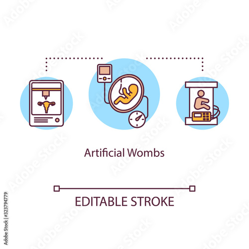 Artificial wombs concept icon. Medical device. Fetus development. Baby life support. Reproductive technology idea thin line illustration. Vector isolated outline RGB color drawing. Editable stroke