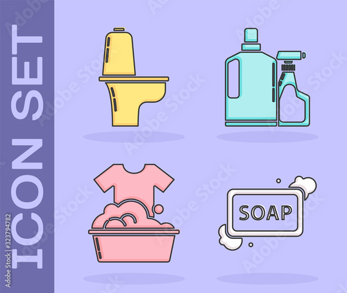 Set Bar of soap with foam , Toilet bowl , Plastic basin with soap suds and Plastic bottles for liquid dishwashing liquid icon. Vector