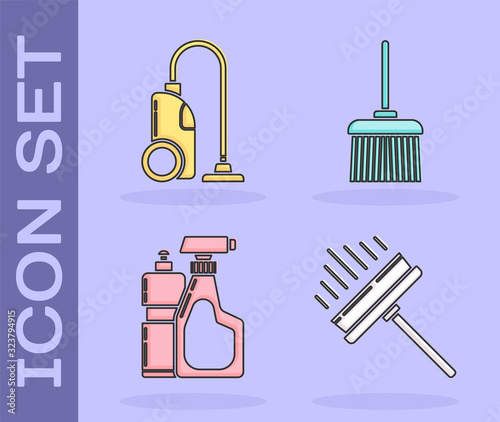 Set Squeegee, scraper, wiper, Vacuum cleaner , Plastic bottles for liquid dishwashing liquid and Handle broom icon. Vector