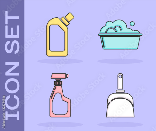 Set Dustpan , Plastic bottles for liquid dishwashing liquid, Cleaning spray bottle with detergent liquid and Plastic basin with soap suds icon. Vector