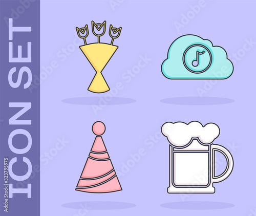 Set Wooden beer mug , Bouquet of flowers , Party hat and Music streaming service icon. Vector