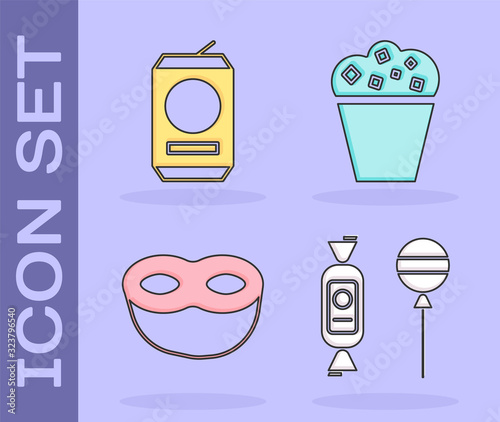 Set Lollipop , Beer can , Festive mask and Popcorn in cardboard box icon. Vector