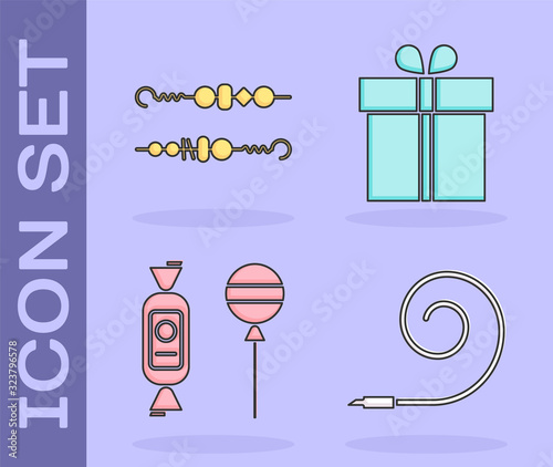 Set Birthday party horn , Grilled shish kebab, Lollipop and Gift box icon. Vector