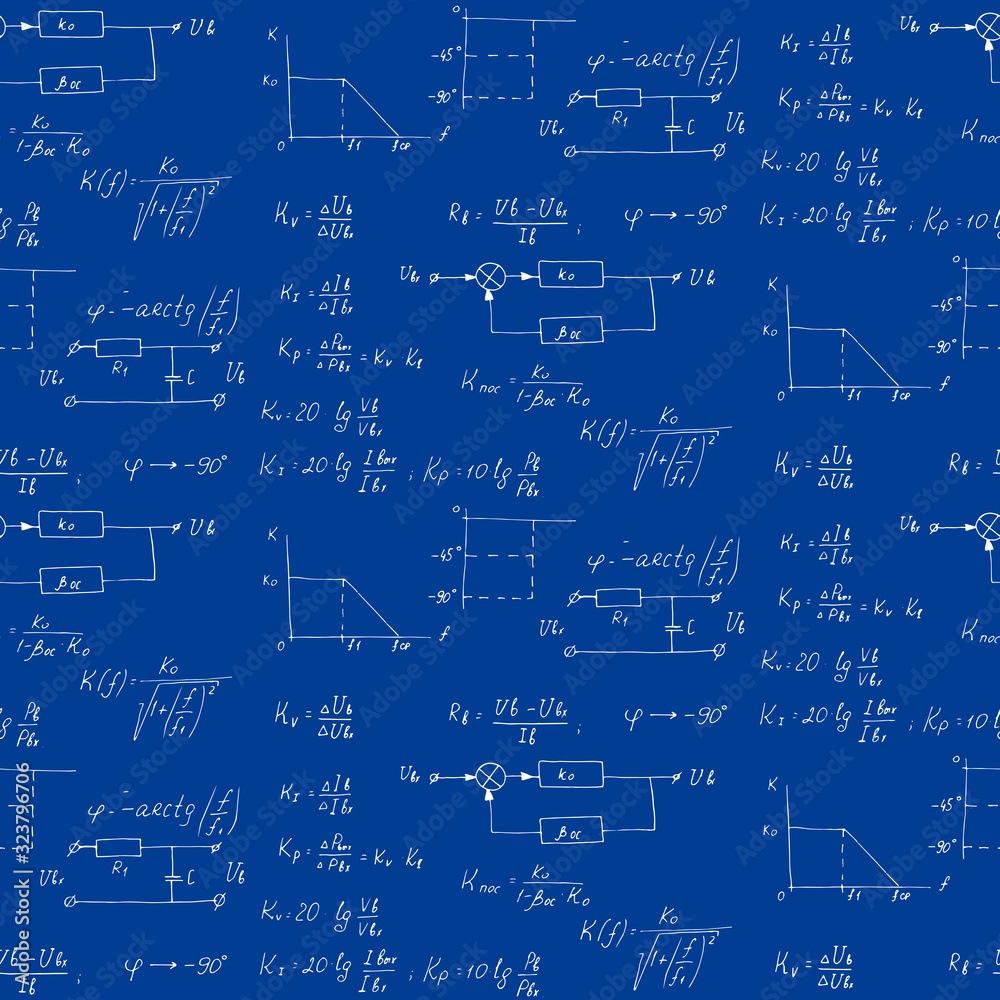 Physics, electronic engineering, mathematics equation, scheme and calculations, endless hand writing. Vector blueprint. Technology seamless pattern.