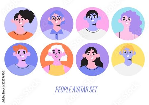 Vector set or collection of different diverse people avatars in colorful circles. Social media or web portraits of students, teammates, friends, colleagues of different age, lifestyle, nationality.