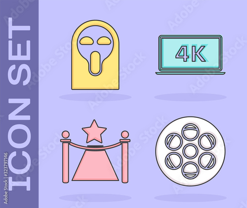 Set Film reel , Funny and scary ghost mask, Carpet with barriers and star and Laptop screen with 4k video technology icon. Vector