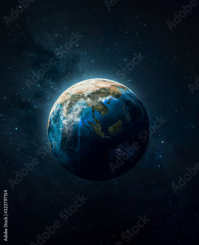 Fototapeta Naklejka Na Ścianę i Meble -  Earth planet ball in the deep space. Sci-fi wallpaper. Blue ocean and continents. Elements of this image furnished by NASA	