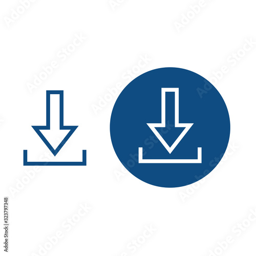 Download with arrow. Option in a circle and without it. Vector blue icons.
