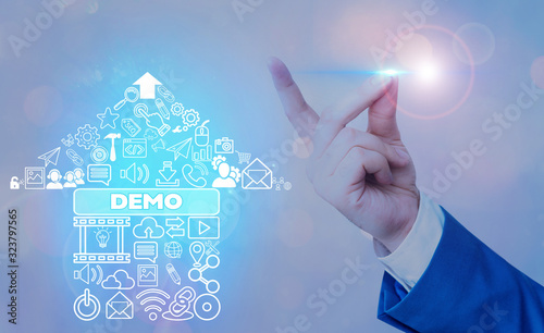Writing note showing Demo. Business concept for Demonstration of a product techniques and capabilities Public meeting
