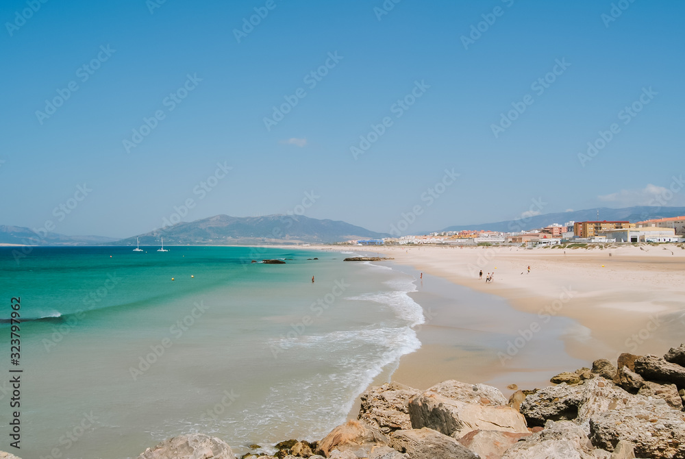 View of Tarifa from Isla de las Palomas, the southernmost point of continental Europe in Andalusia, Spain