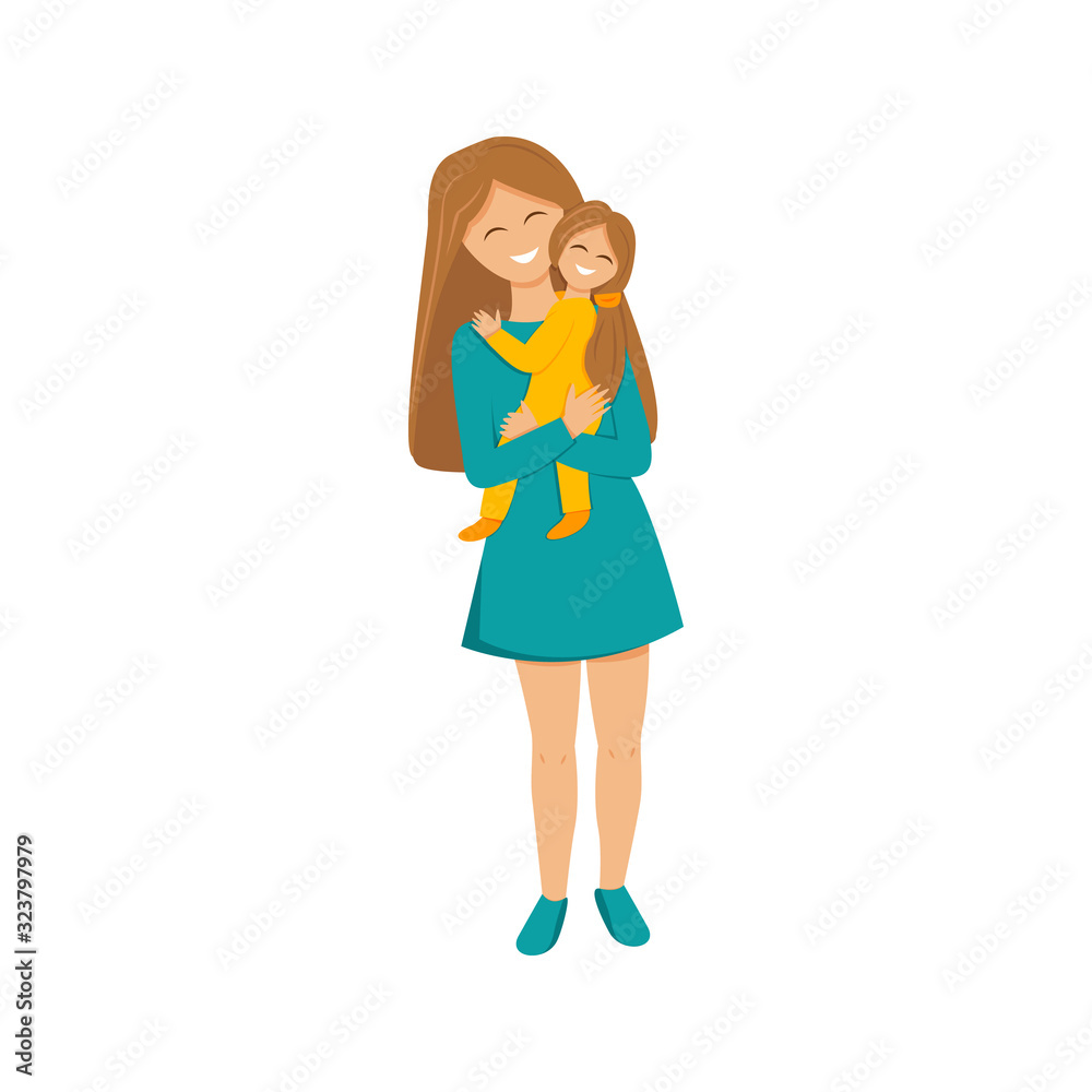 Vector illustration of mother holding daughter. Flat illustration of mom's love. Greeting card for mother's day with happy mummy hugging, care and keeping her little girl. Colorful cartoon characters Vector illustration of mother holding daughter. Flat illustration of mom's love. Greeting card for mother's day with happy mummy hugging, care and keeping her little girl. Colorful cartoon characters