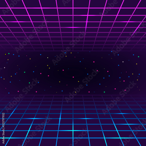 Retro vintage neon grid horizon of the 80s and 90s. Banner for printing night disco parties.