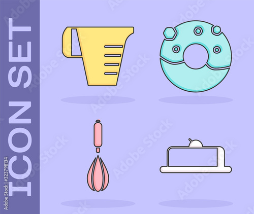 Set Strawberry cheesecake slice, Measuring cup, Kitchen whisk and Donut with sweet glaze icon. Vector