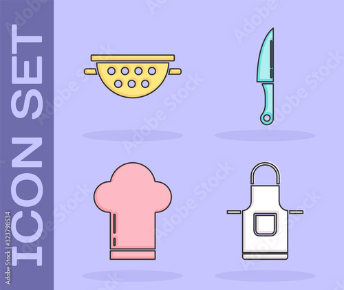 Set Kitchen apron , Kitchen colander , Chef hat and Knife icon. Vector