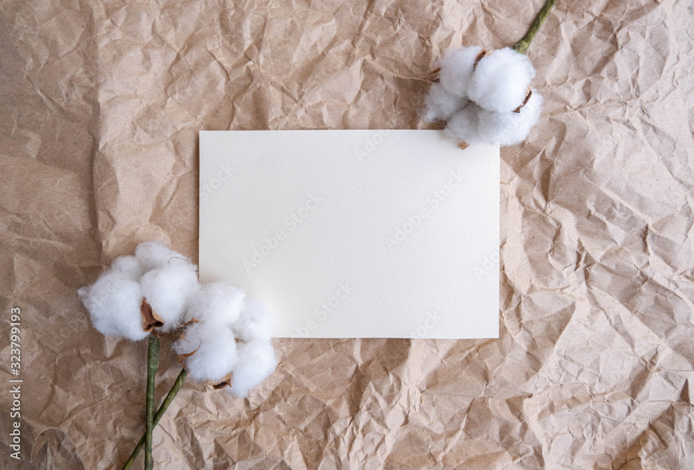 Business card template on craft paper with cotton flowers flat lay
