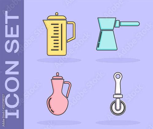 Set Pizza knife , Teapot , Bottle of olive oil and Coffee turk icon. Vector