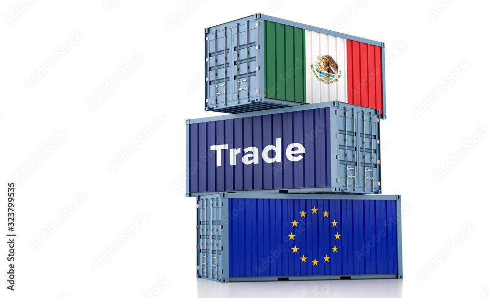 Freight container with European Union and Mexico flag. 3D Rendering