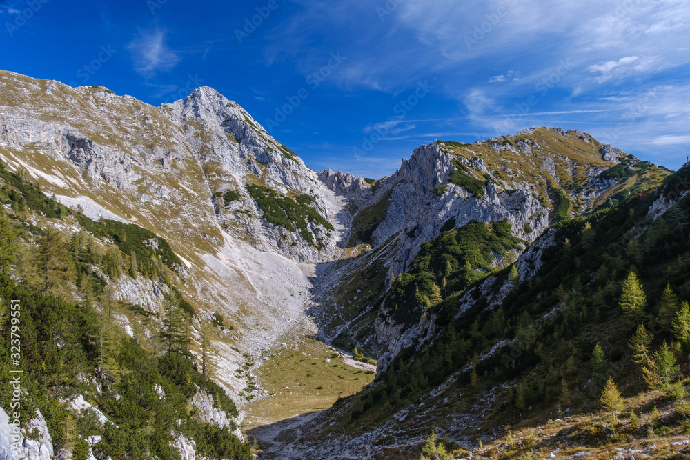 View to beautiful valley and Mali Draski vrh in Slovenian alps