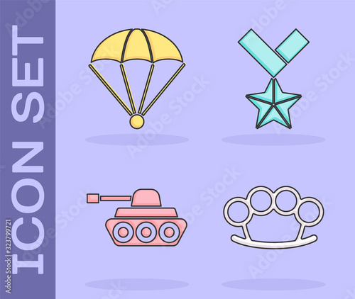 Set Brass knuckles , Parachute , Military tank and Military reward medal icon. Vector