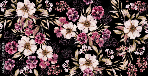 Watercolor floral vintage seamless pattern on luxury black print. hand painted watercolour floral pattern. Floral bouquet Watercolor handpainted illustration. Seamless purple flower victorian pattern photo