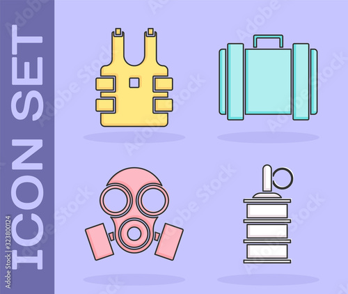 Set Hand grenade , Bulletproof vest for protection from bullets , Gas mask and Military ammunition box icon. Vector photo