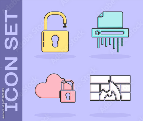 Set Firewall, security wall , Open padlock , Cloud computing lock and Paper shredder confidential icon. Vector