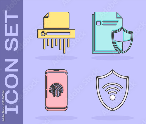 Set Shield with WiFi wireless internet network, Paper shredder confidential, Smartphone with fingerprint scanner and Document protection concept icon. Vector