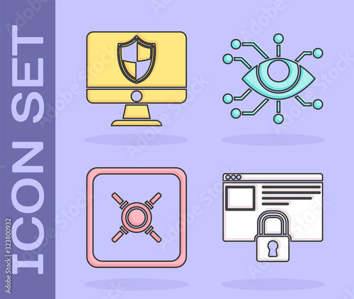 Set Secure your site with HTTPS, SSL, Computer monitor and shield , Safe and Eye scan icon. Vector