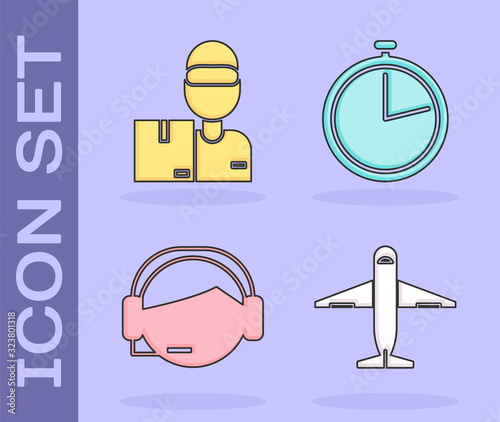 Set Plane , Delivery man with cardboard boxes , Support operator in touch and Stopwatch icon. Vector