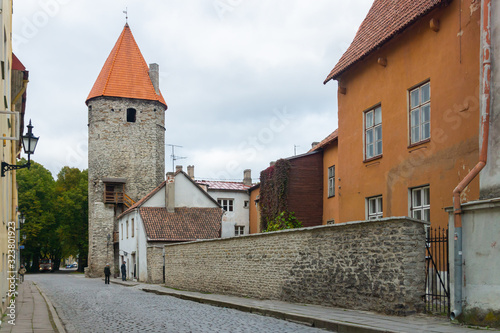 15th century 24-meter high Plate tower on Laboratooriumi street was a part of the medieval defensive city wall around Tallinn. A historic site in Estonia, Europe. Sightseeing near St. Olaf's church. photo