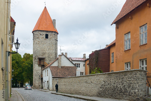 15th century 24-meter high Plate tower on Laboratooriumi street was a part of the medieval defensive city wall around Tallinn. A historic site in Estonia, Europe. Sightseeing near St. Olaf's church.